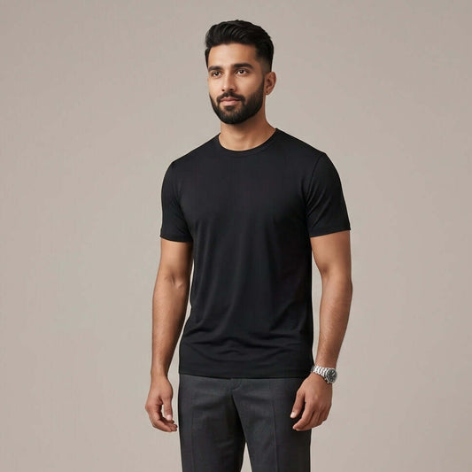 Male model wearing Obsidian Black Engineered Performance Tee, high-quality blank cotton t-shirt for custom print