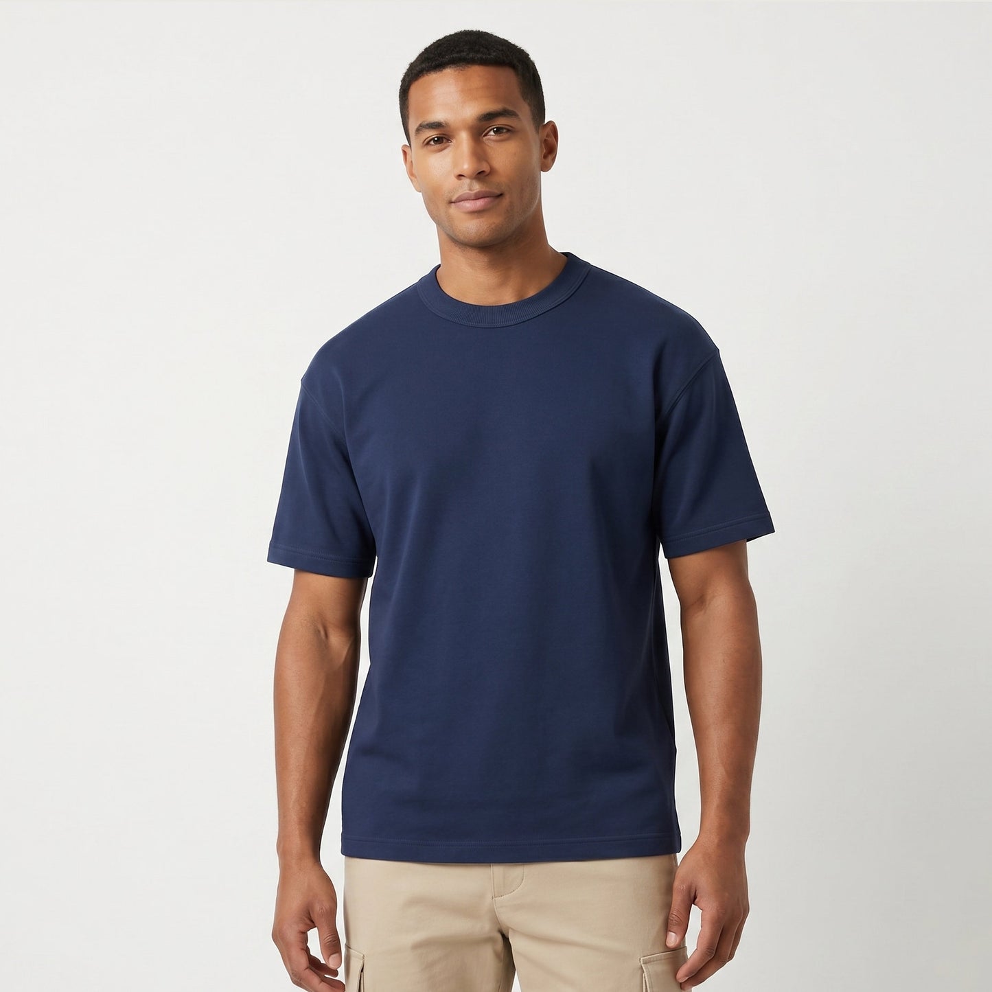 Male model wearing Navy Blue Signature Heavyweight French Terry Tee, relaxed fit premium blank 100% cotton tee