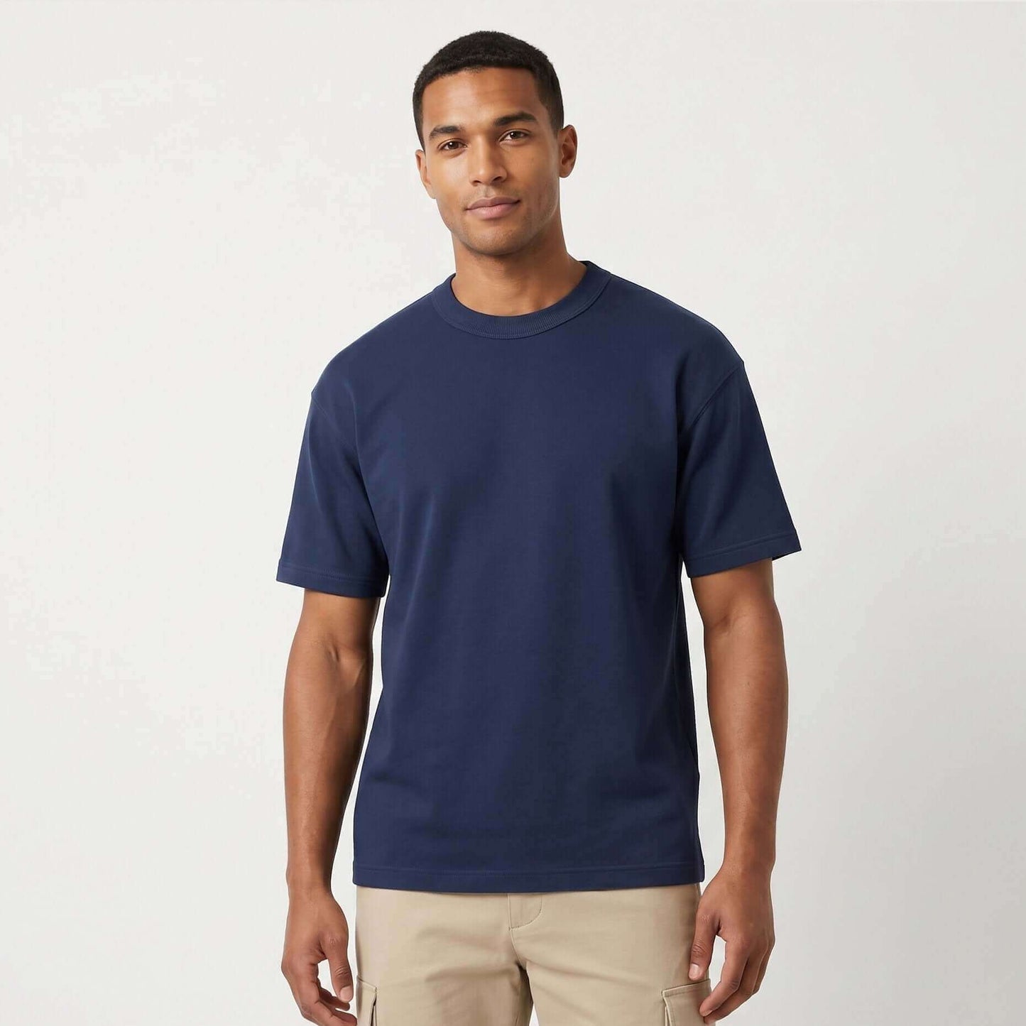 Male model wearing Navy Blue Signature Heavyweight French Terry Tee, relaxed fit premium blank 100% cotton tee