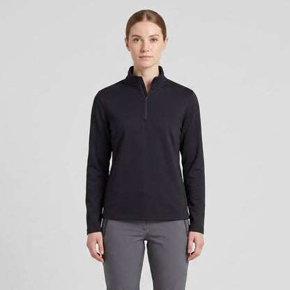 Female model wearing Obsidian Black All-Season Q-Zip Pullover, minimalist blank apparel for custom branding