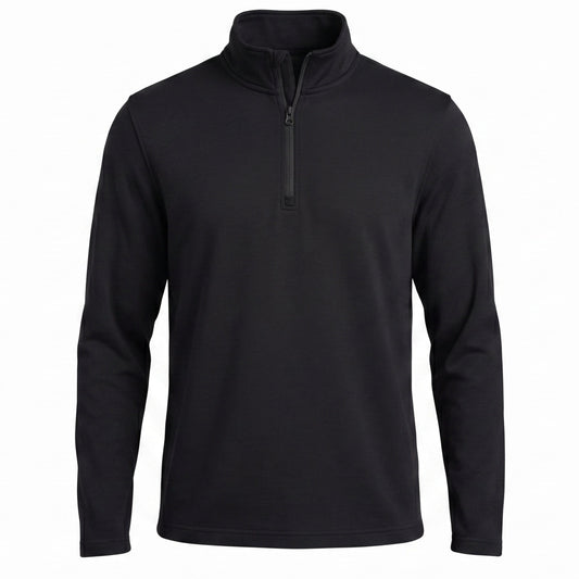 All-Season Q-Zip Pullover blank in Obsidian Black, premium performance poly pullover