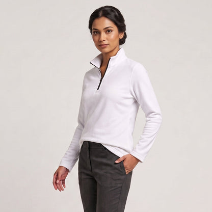 Female model wearing Optical White All-Season Q-Zip Pullover, minimalist blank apparel for custom branding
