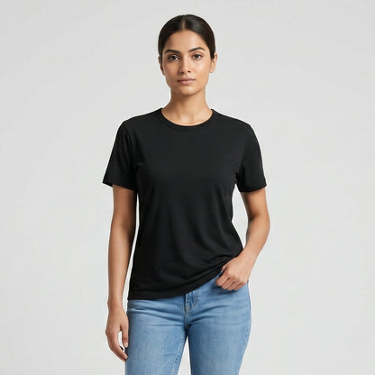 Female model wearing Obsidian Black Engineered Performance Tee, high-quality blank cotton t-shirt for custom print