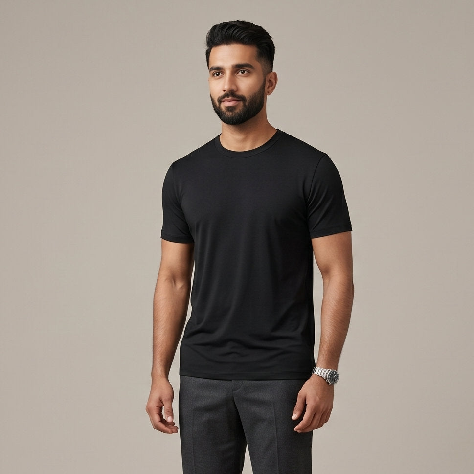 Male model wearing Obsidian Black Engineered Performance Tee, high-quality blank cotton t-shirt for custom print