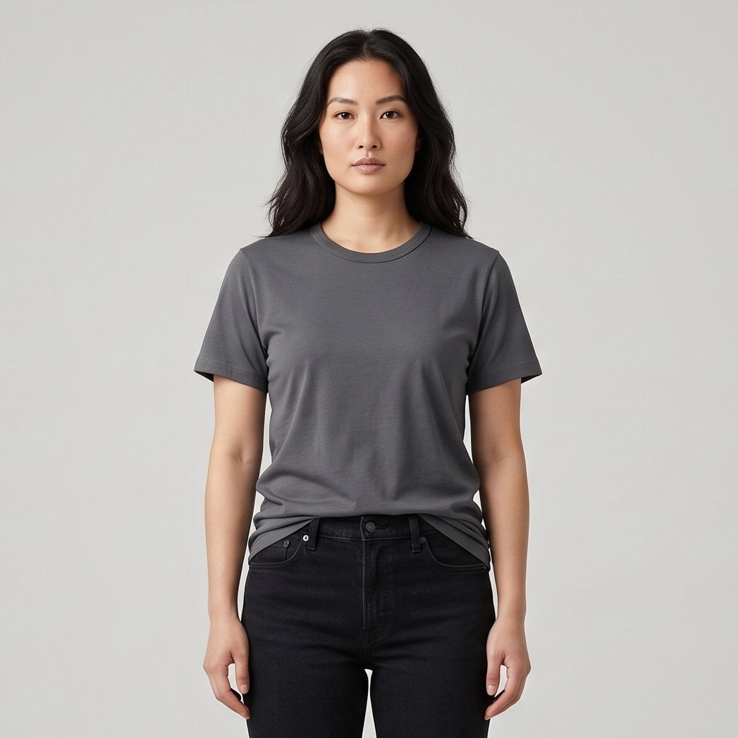 Female model wearing Iron Gray Engineered Performance Tee, high-quality blank cotton t-shirt for custom print