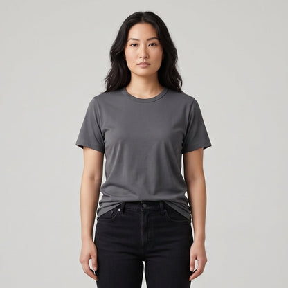 Female model wearing Iron Gray Engineered Performance Tee, high-quality blank cotton t-shirt for custom print