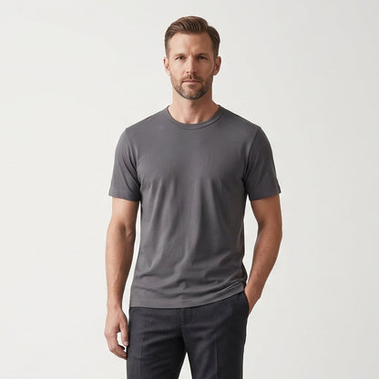 Male model wearing Iron Gray Engineered Performance Tee, high-quality blank cotton t-shirt for custom print