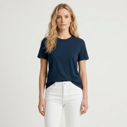 Female model wearing Navy Blue Engineered Performance Tee, high-quality blank cotton t-shirt for custom print