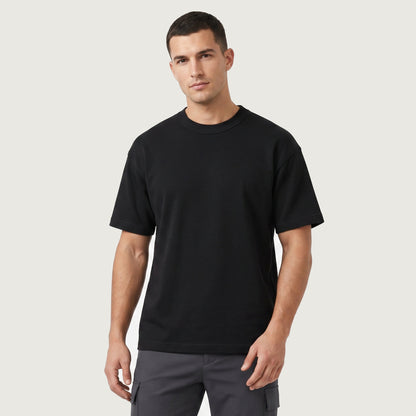 Male model wearing Obsidian Black Signature Heavyweight French Terry Tee, relaxed fit premium blank 100% cotton tee