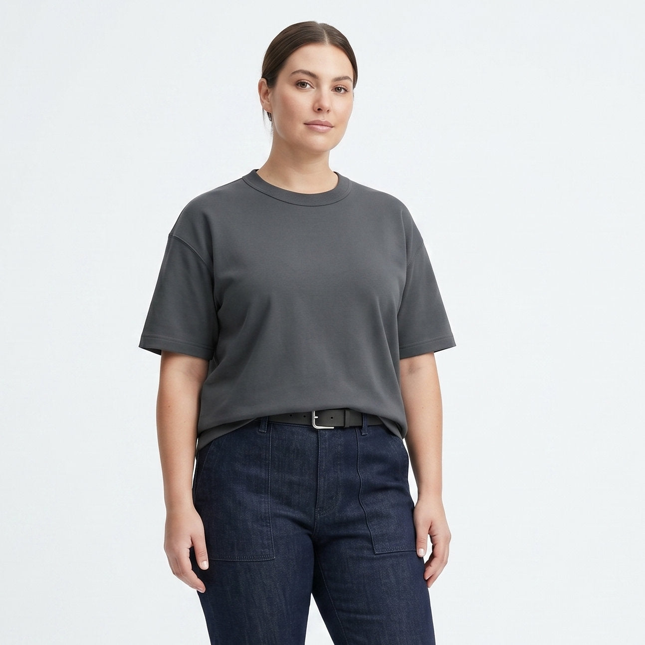 Female model wearing Iron Gray Signature Heavyweight French Terry Tee, relaxed fit premium blank 100% cotton tee