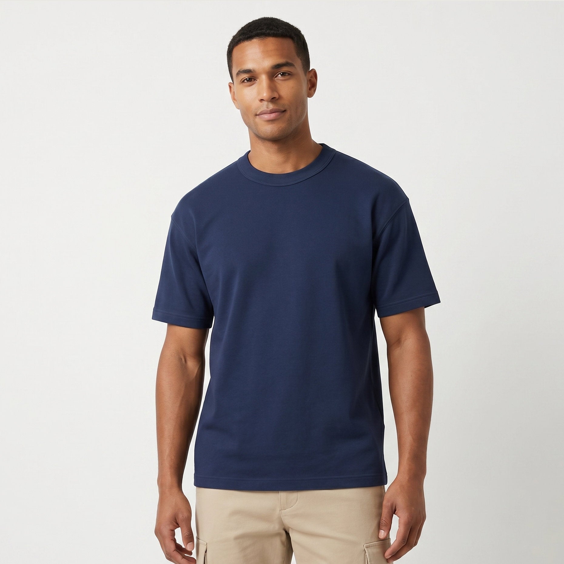 Male model wearing Navy Blue Signature Heavyweight French Terry Tee, relaxed fit premium blank 100% cotton tee