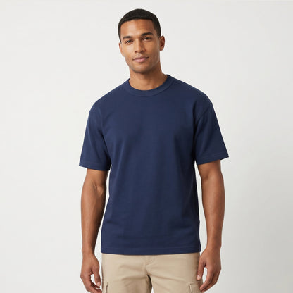 Male model wearing Navy Blue Signature Heavyweight French Terry Tee, relaxed fit premium blank 100% cotton tee