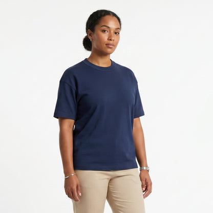 Female model wearing Navy Blue Signature Heavyweight French Terry Tee, relaxed fit premium blank 100% cotton tee