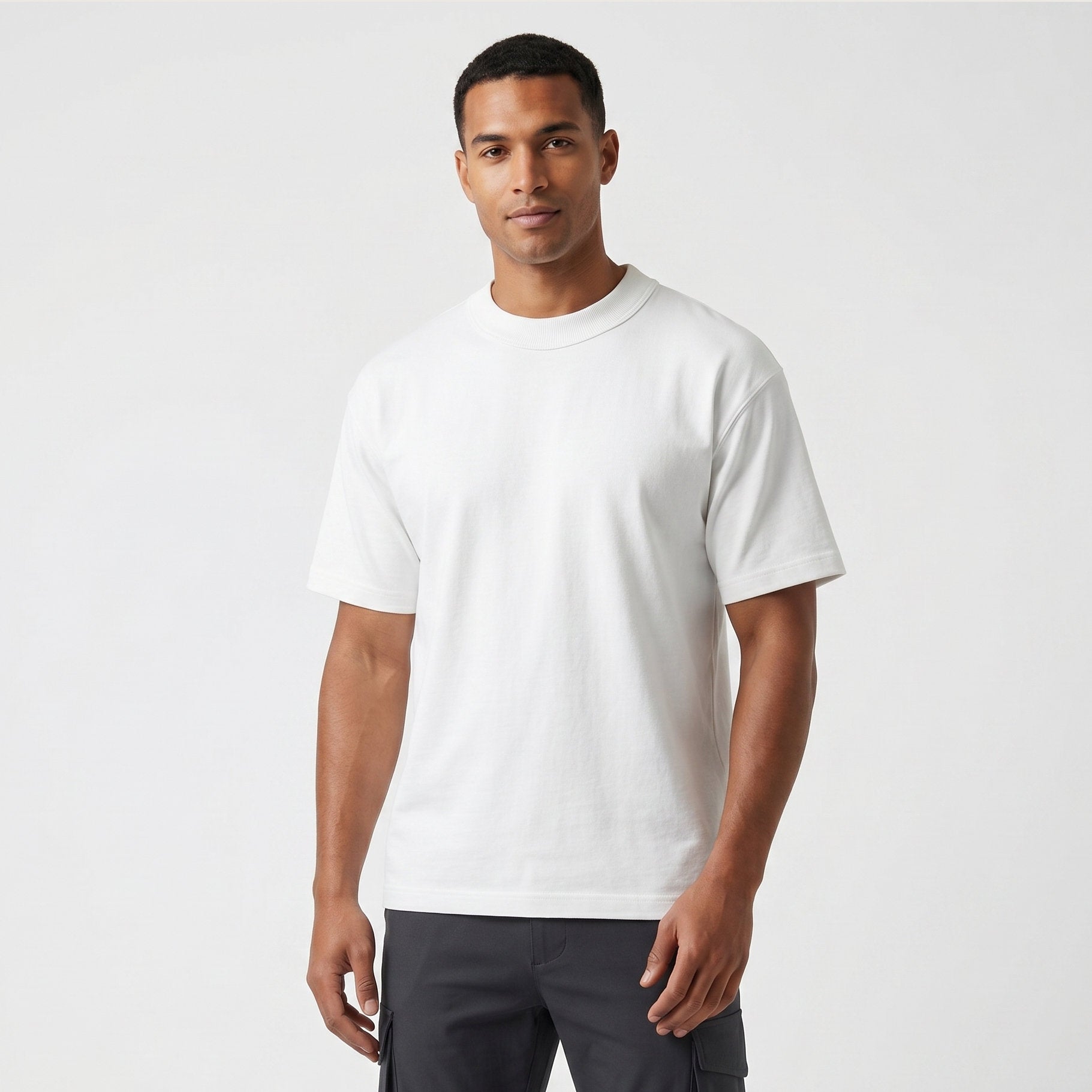 Male model wearing Optic White Signature Heavyweight French Terry Tee, relaxed fit premium blank 100% cotton tee