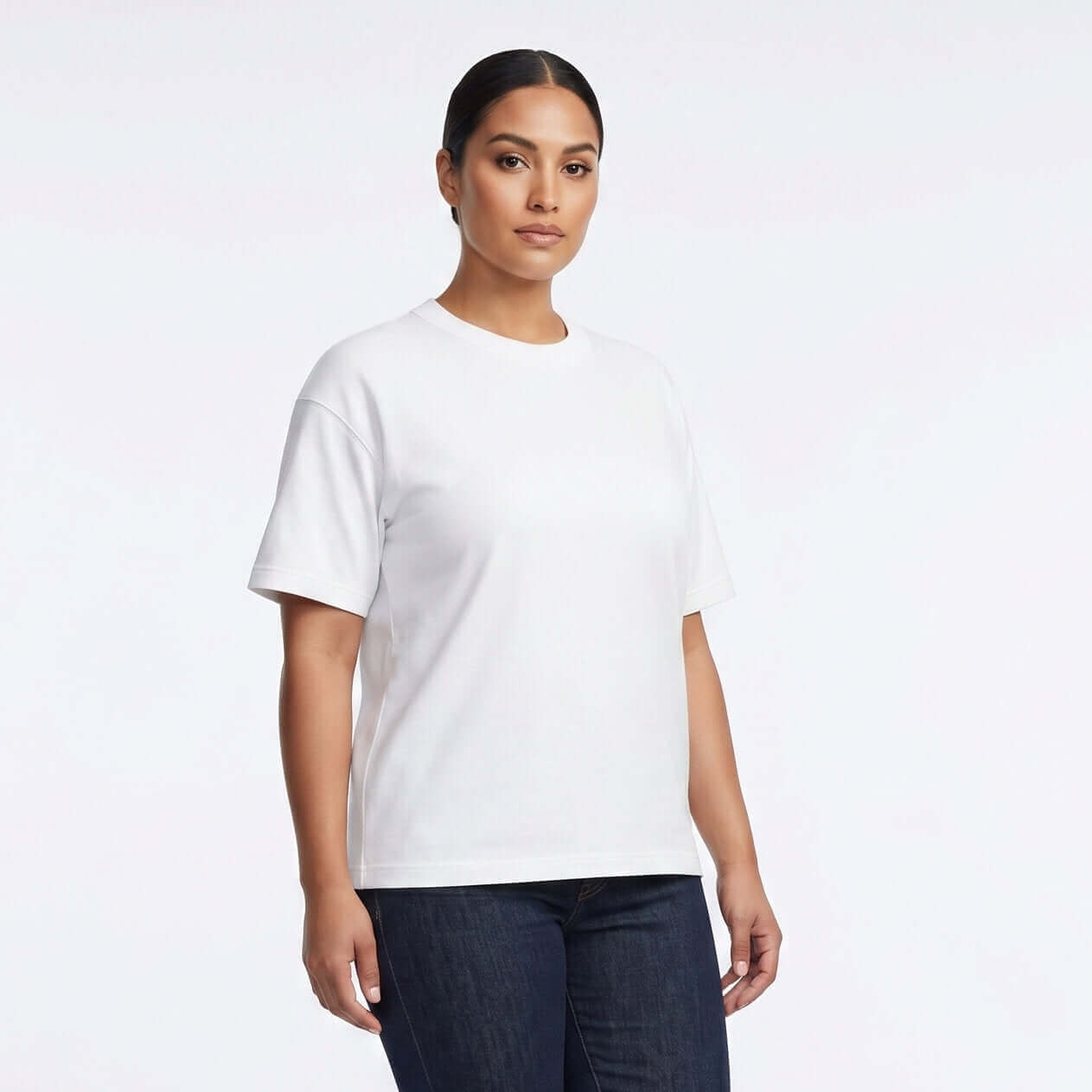 Female model wearing Iron Gray heavyweight blank t-shirt, relaxed 260 GSM 100% cotton for screen printing/embroidery