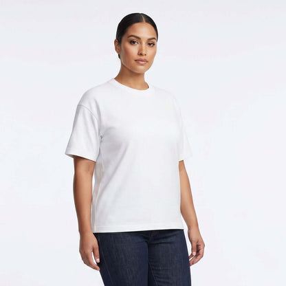 Female model wearing Iron Gray heavyweight blank t-shirt, relaxed 260 GSM 100% cotton for screen printing/embroidery